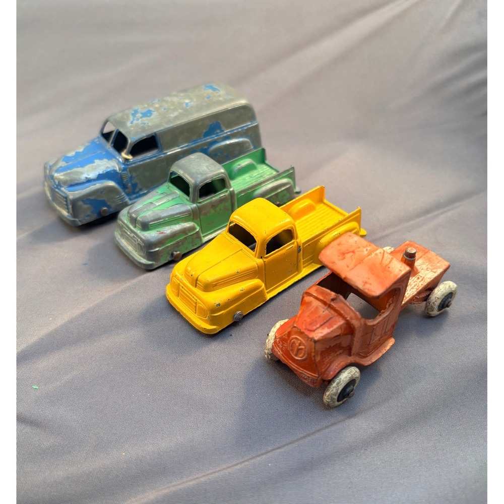 Vintage TootsieToy Diecast Truck Lot 4pc Blue Van Green Yellow Pickup Orange Cab